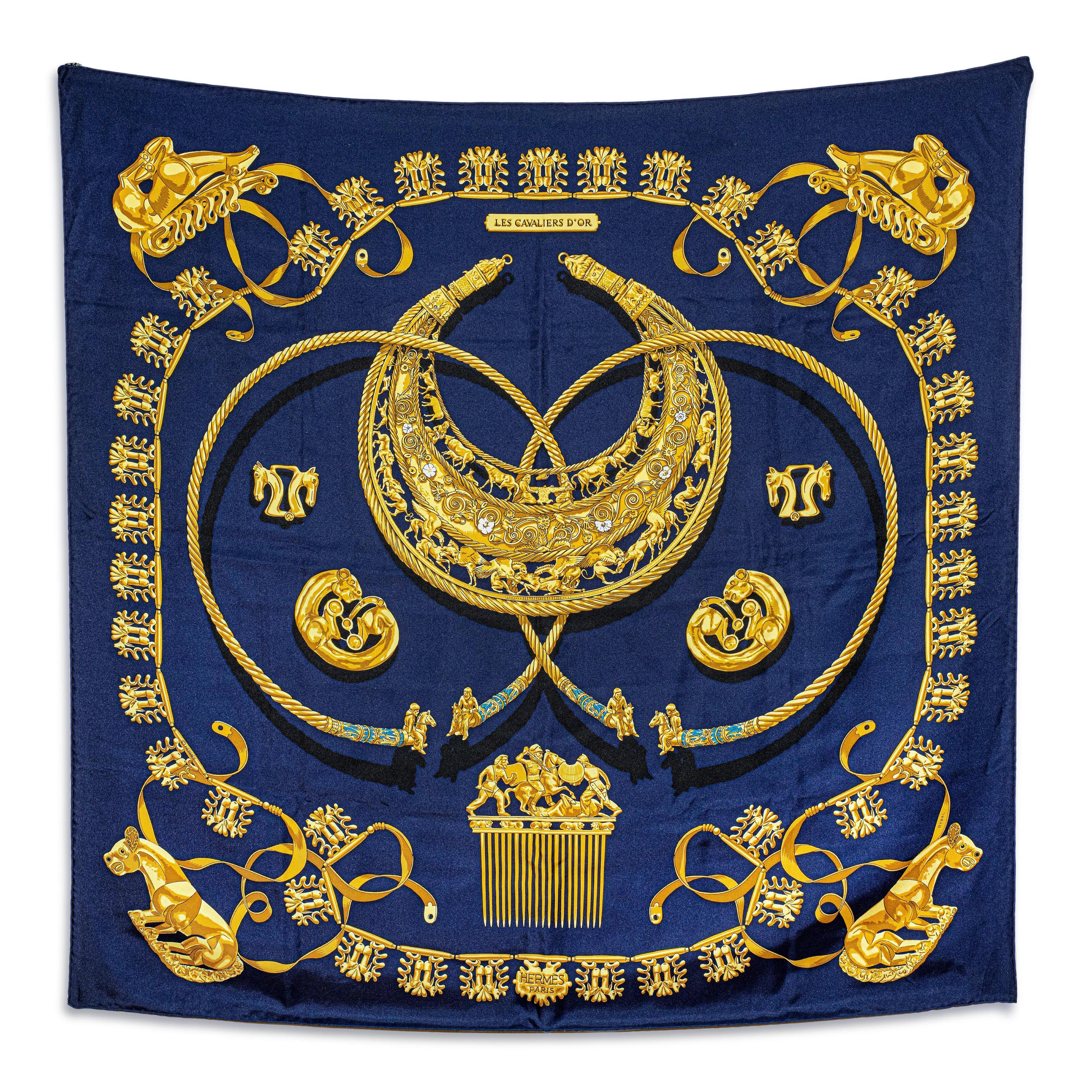 Hermes Les Cavaliers d'Or 90 Scarf – Silk, Navy Blue and Gold