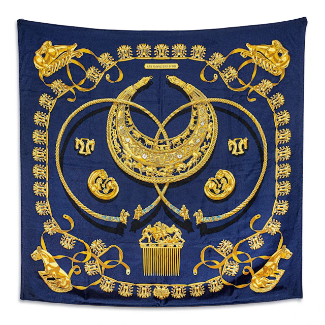 Hermes Les Cavaliers d'Or 90 Scarf – Silk, Navy Blue and Gold