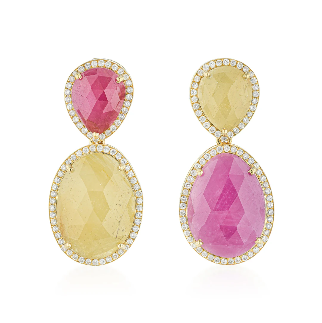 Multicolor Pink and Yellow Sapphire and Diamond Earrings