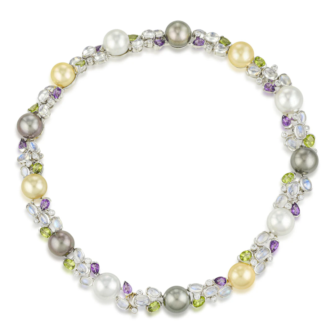 Pearl Moonstone Peridot Amethyst and Diamond Necklace