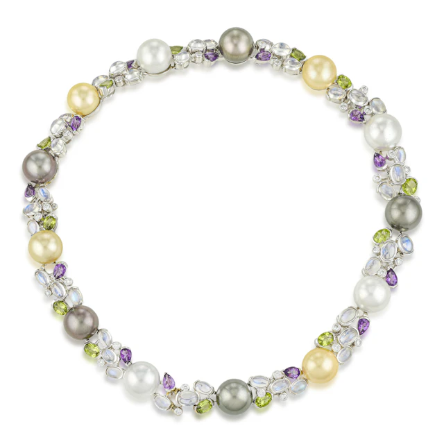Pearl Moonstone Peridot Amethyst and Diamond Necklace