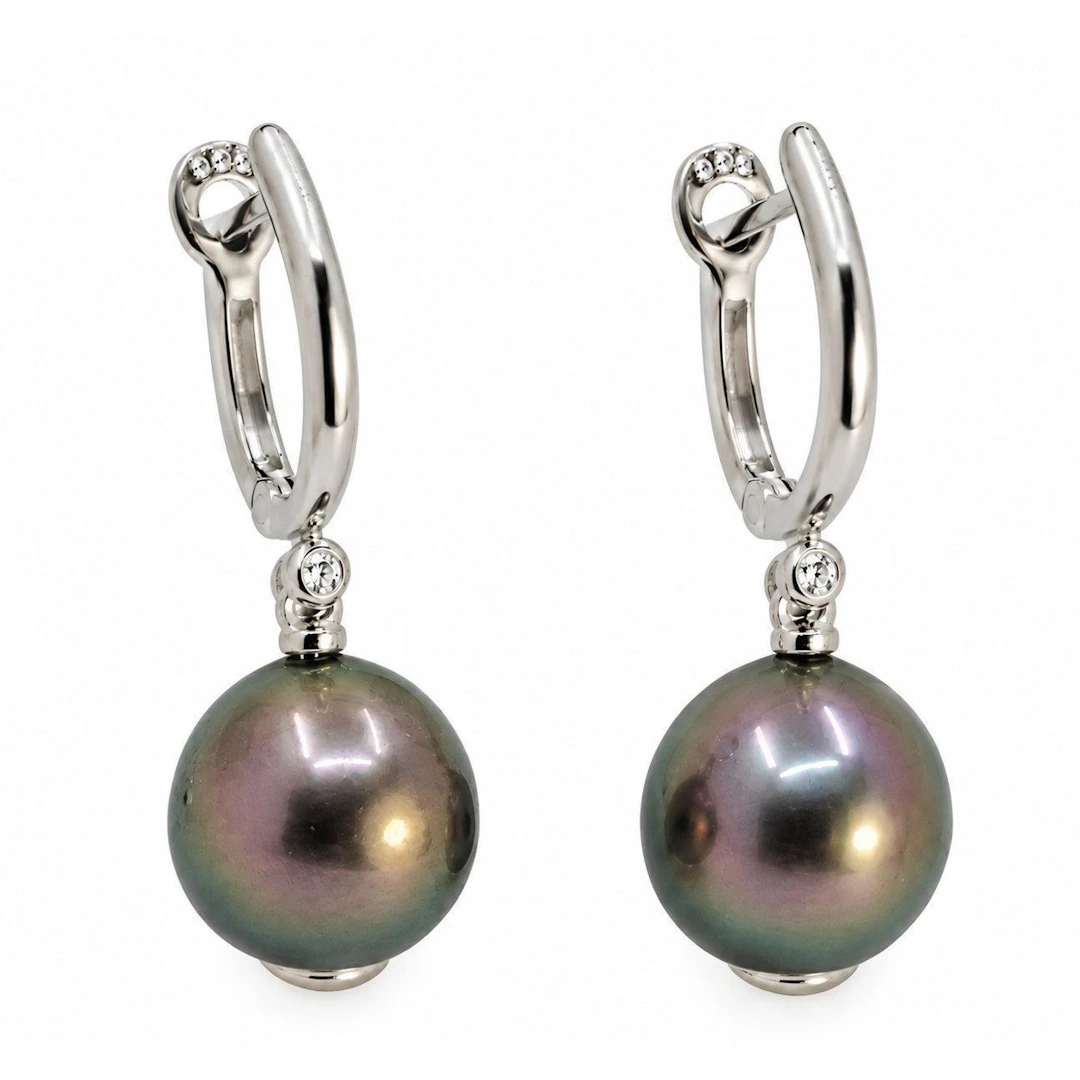 Peacock Tahitian Pearl and Diamond Earrings