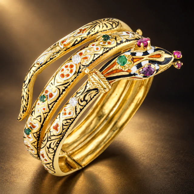 Vintage Emerald Ruby and Diamond Snake Hinged Bangle