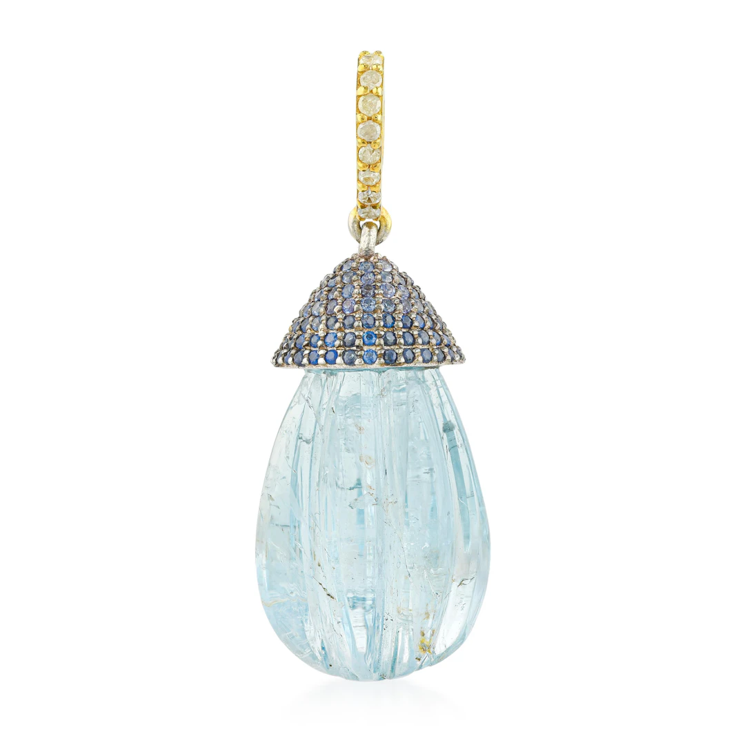 Hand Carved Aquamarine Blue Sapphire and Diamond Pendant