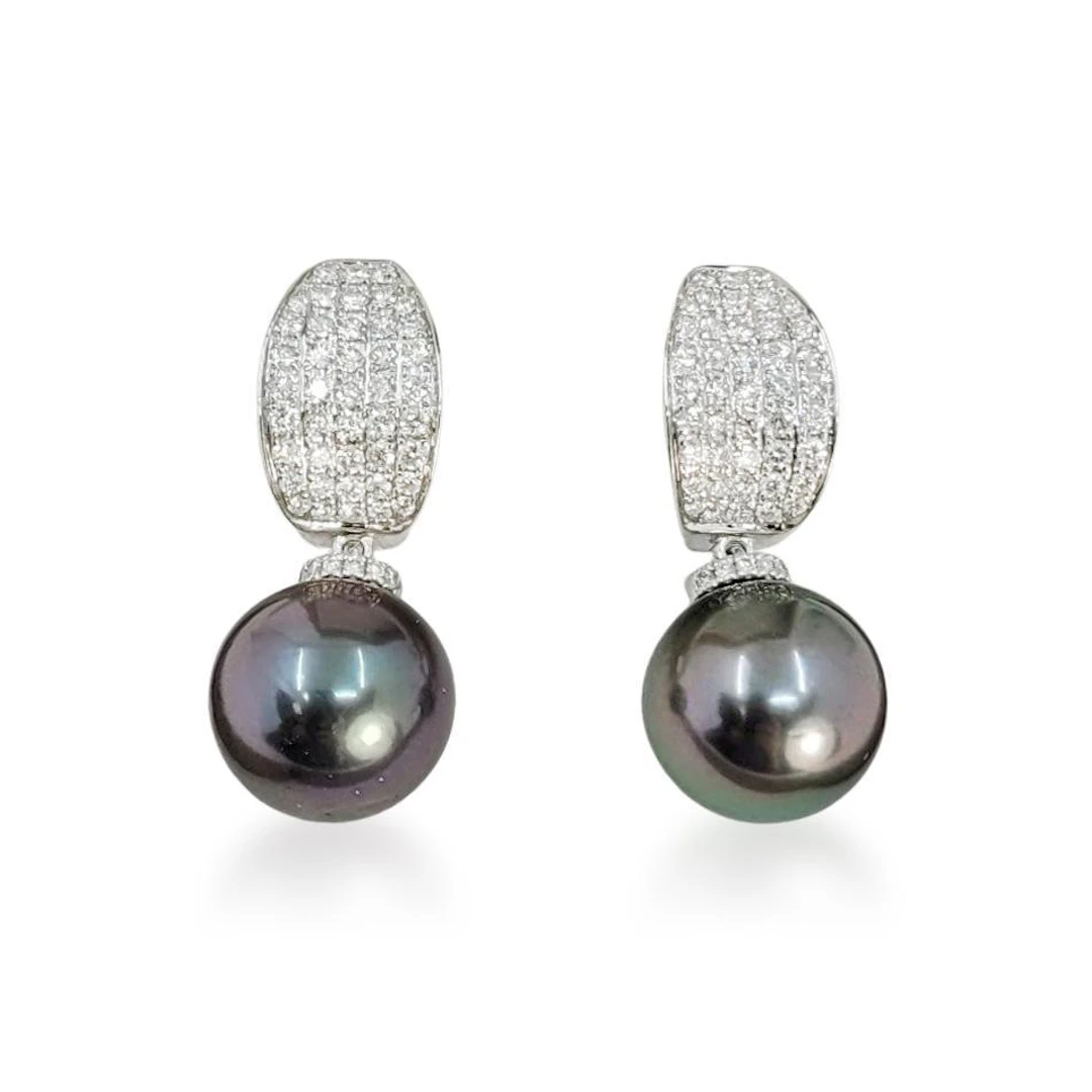 Peacock Green Tahitian Pearl and Diamond Earrings