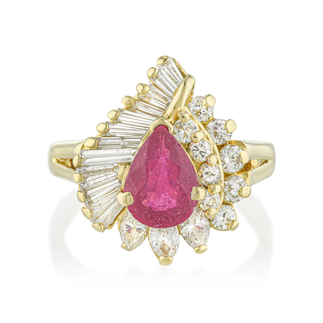 Pear Ruby and Diamond Cocktail Ring