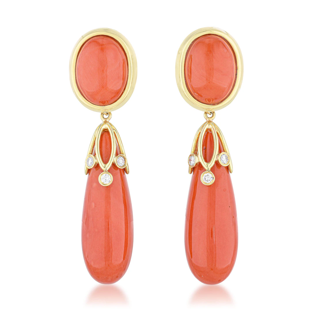 Coral and Diamond Hanging Earrings - No Reserve Lot