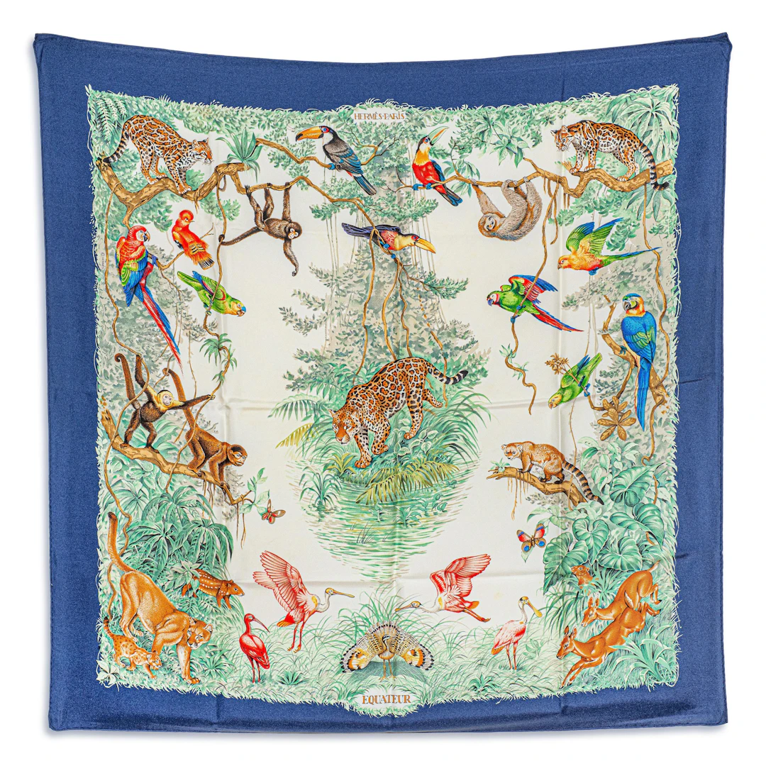 Hermes Equateur 90 Scarf – Silk, Navy Blue and Multicolor, with Box