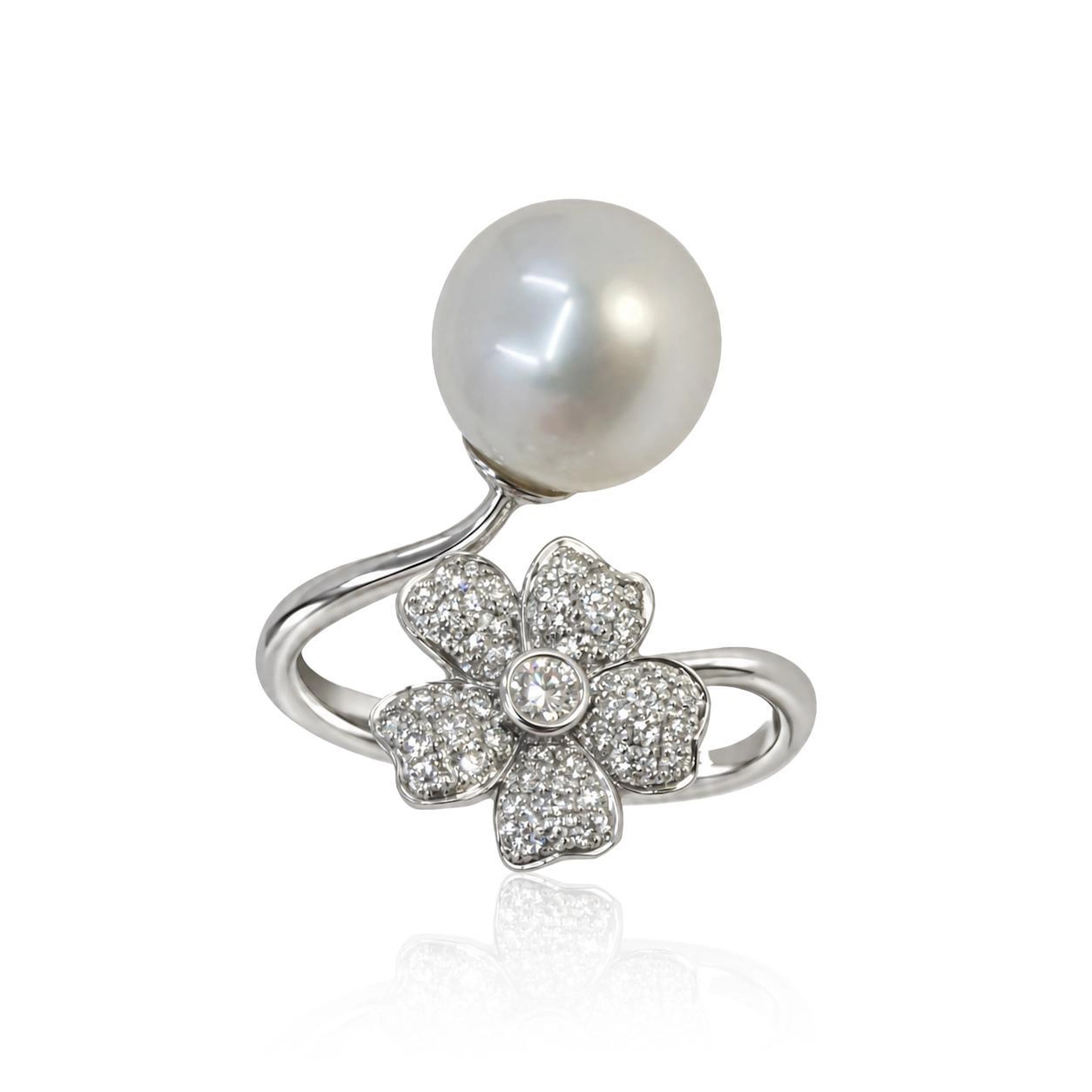 White South Sea Pearl and Diamond Flower Bypass Ring