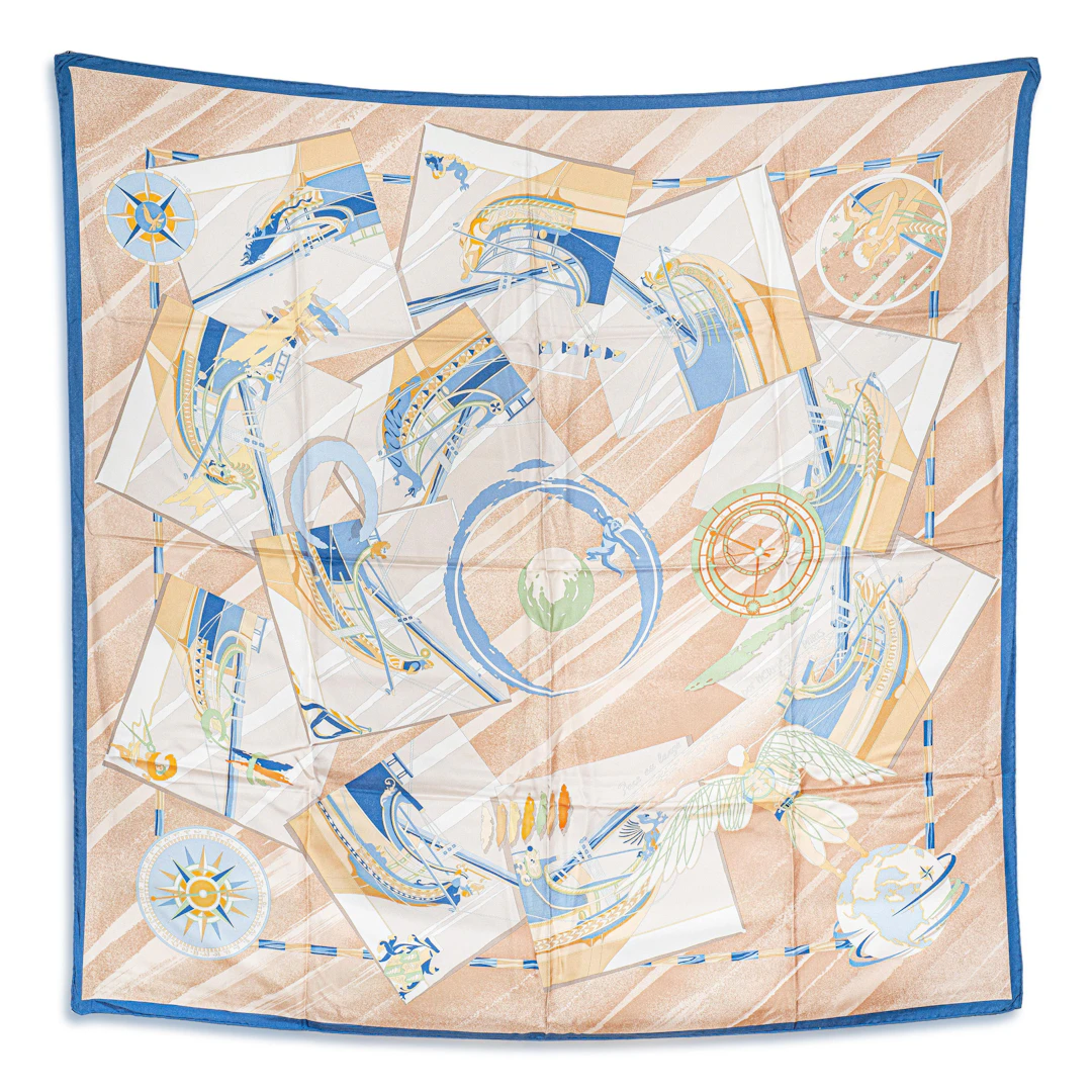 Hermes Face au Large 90 Scarf – Silk, Peach-Beige and Blue