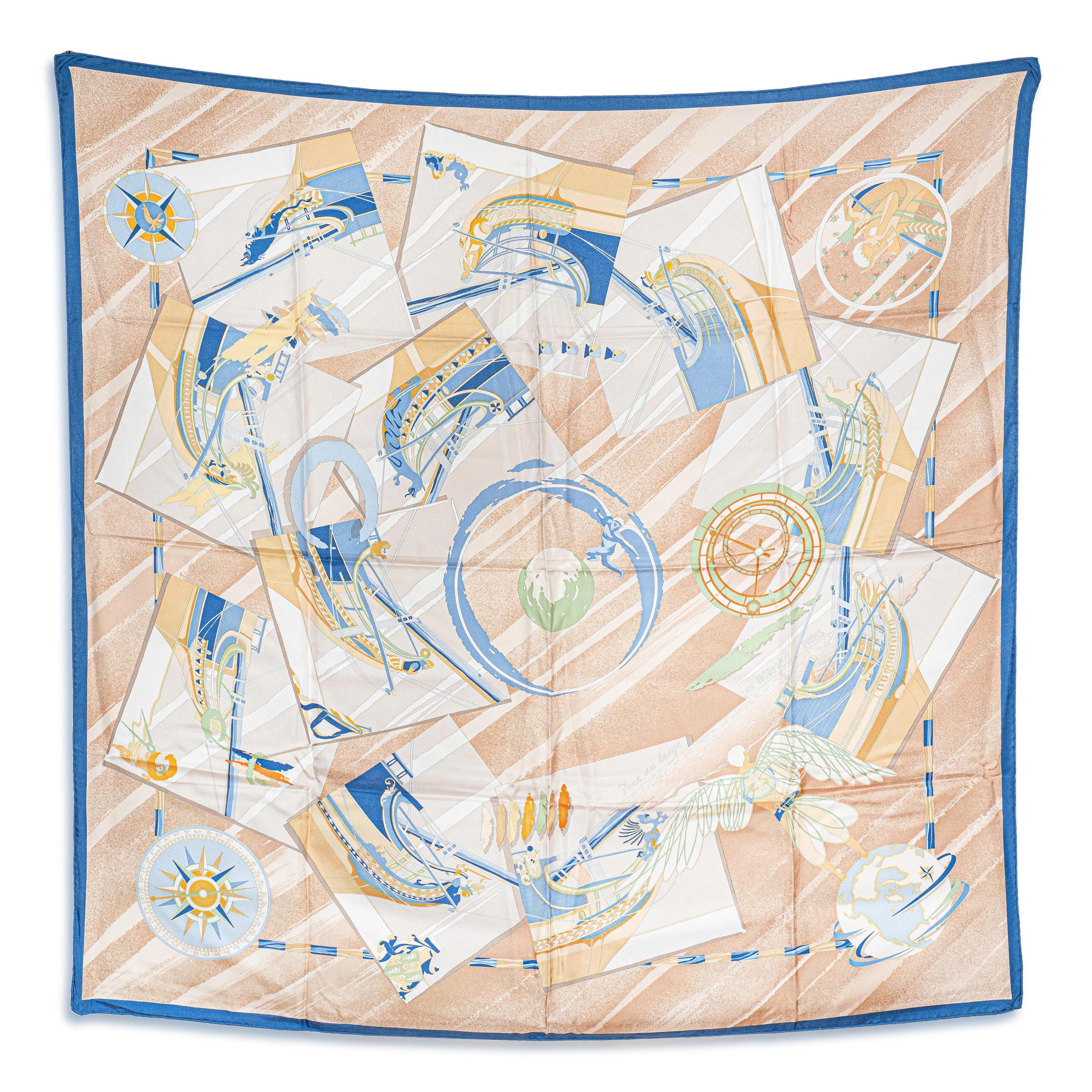 Hermes Face au Large 90 Scarf – Silk, Peach-Beige and Blue