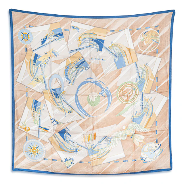 Hermes Face au Large 90 Scarf – Silk, Peach-Beige and Blue