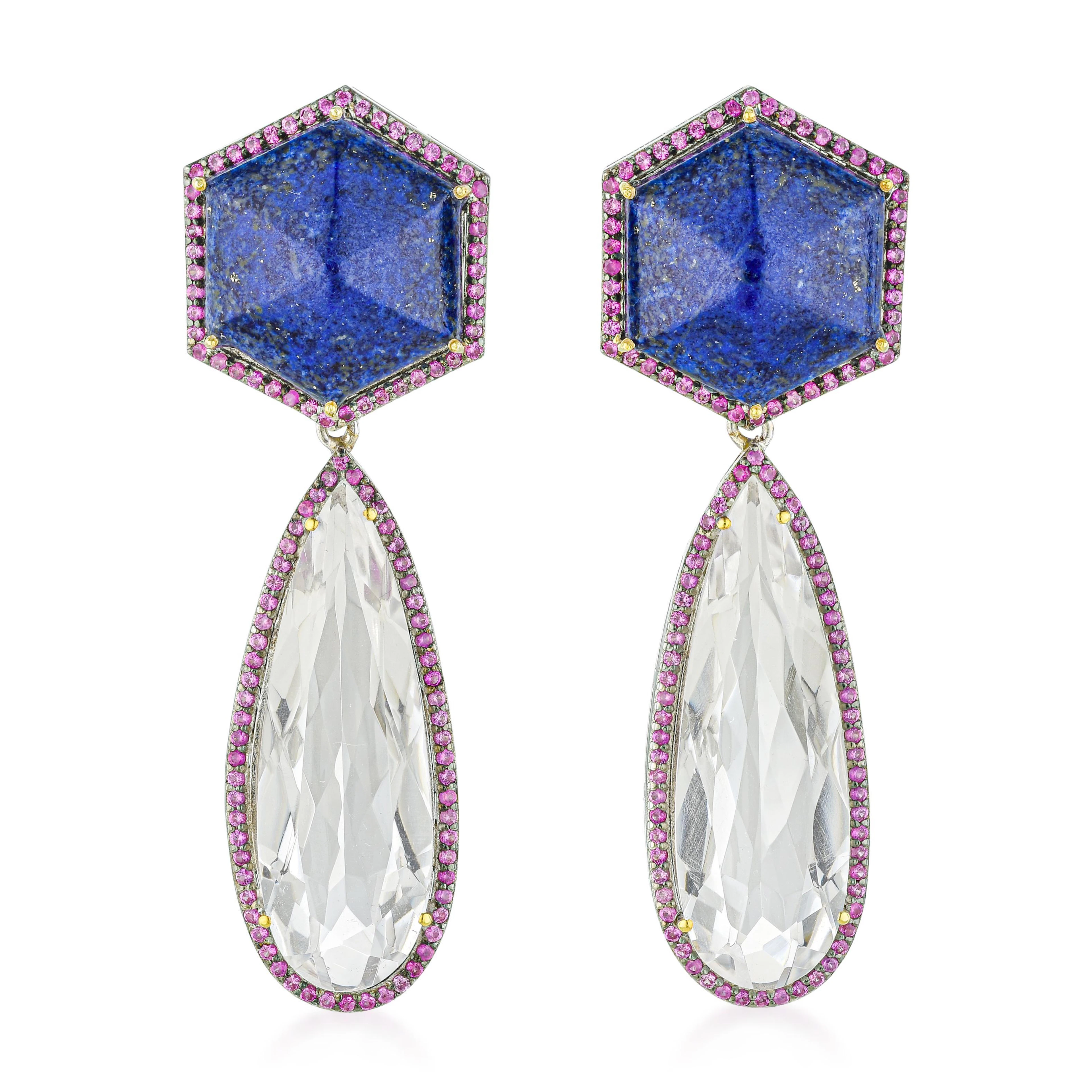 Lapis Lazuli Rock Crystal and Pink Sapphire Earrings