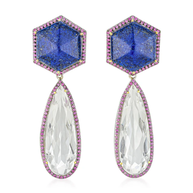 Lapis Lazuli Rock Crystal and Pink Sapphire Earrings