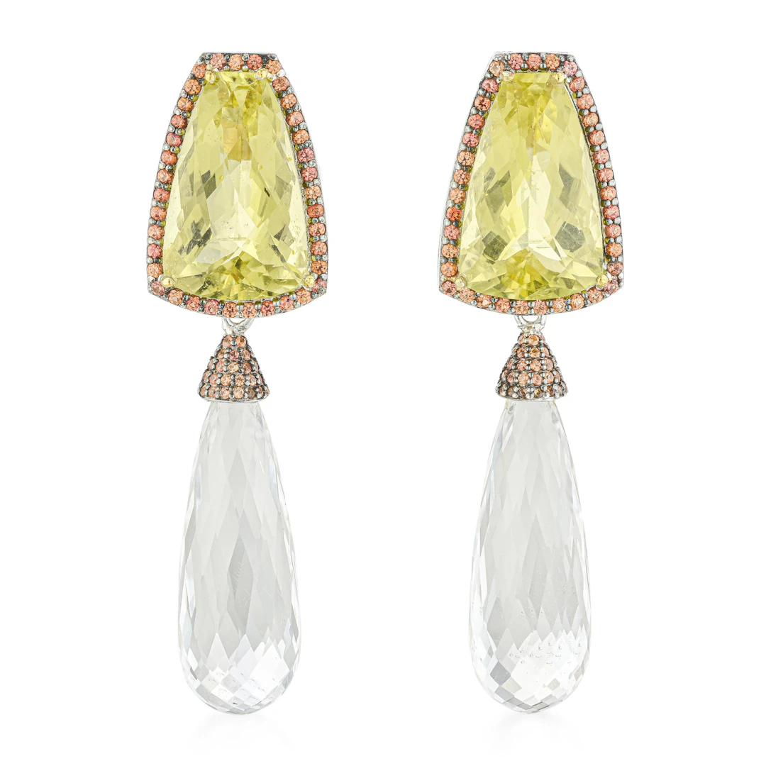 Lemon Quartz Rock Crystal and Sapphire Earrings