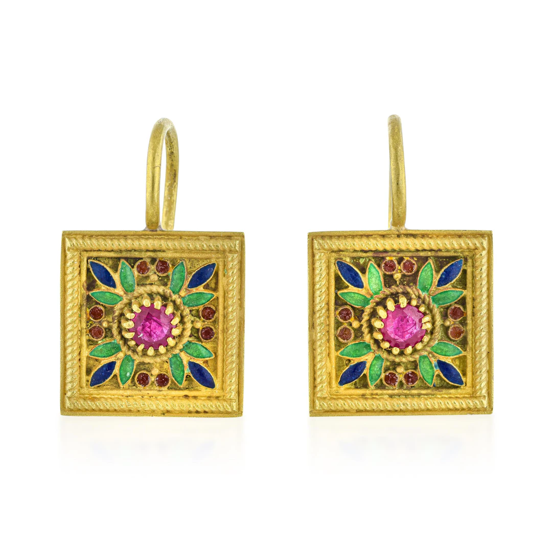 Ruby and Enamel Hanging Earrings