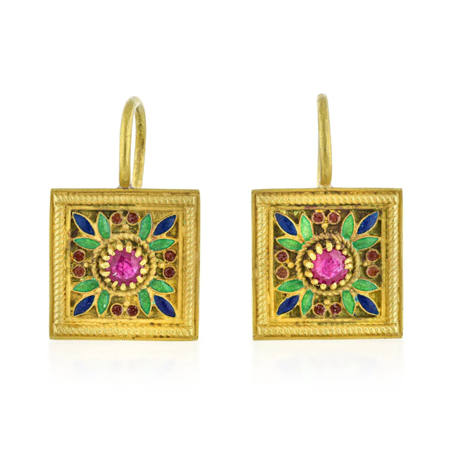 Ruby and Enamel Hanging Earrings