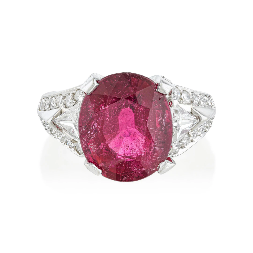 Natural Rubellite and Diamond Ring