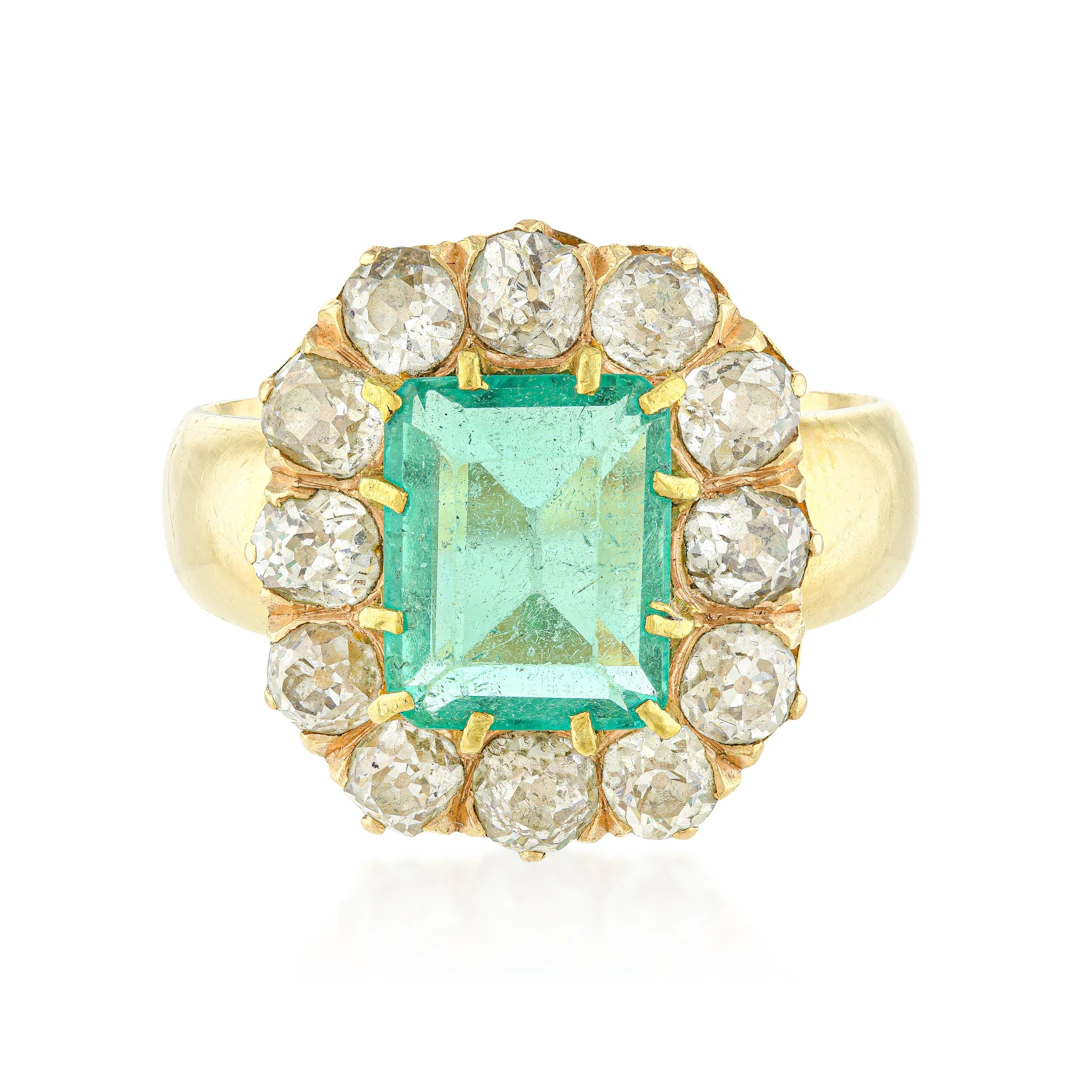 Victorian Colombian Emerald and Diamond Cluster Ring, GIA Certified F1