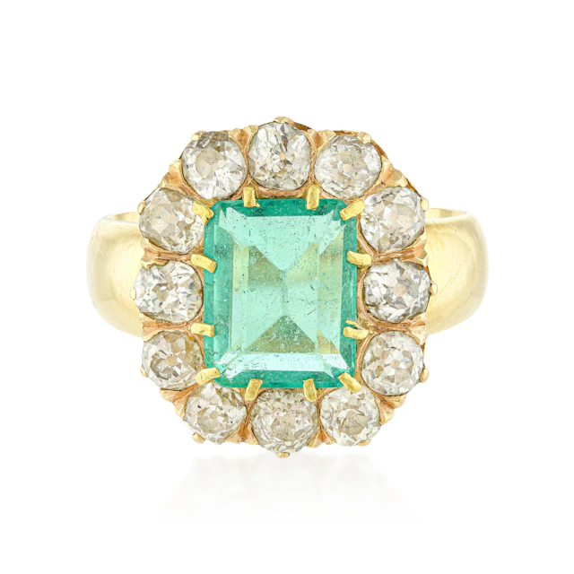 Victorian Colombian Emerald and Diamond Cluster Ring, GIA Certified F1
