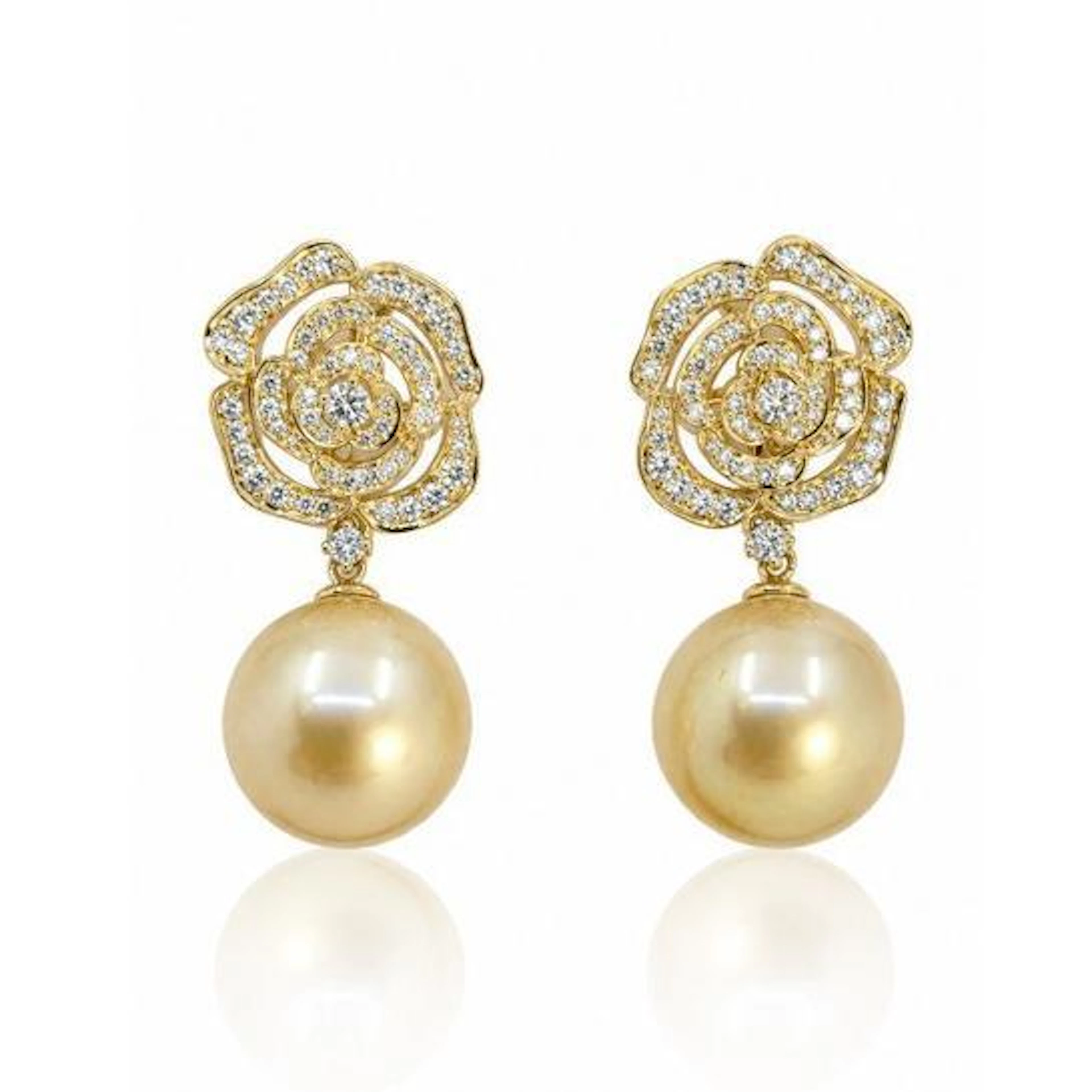 Deep Golden South Sea Pearl and Diamond Rose Earrings