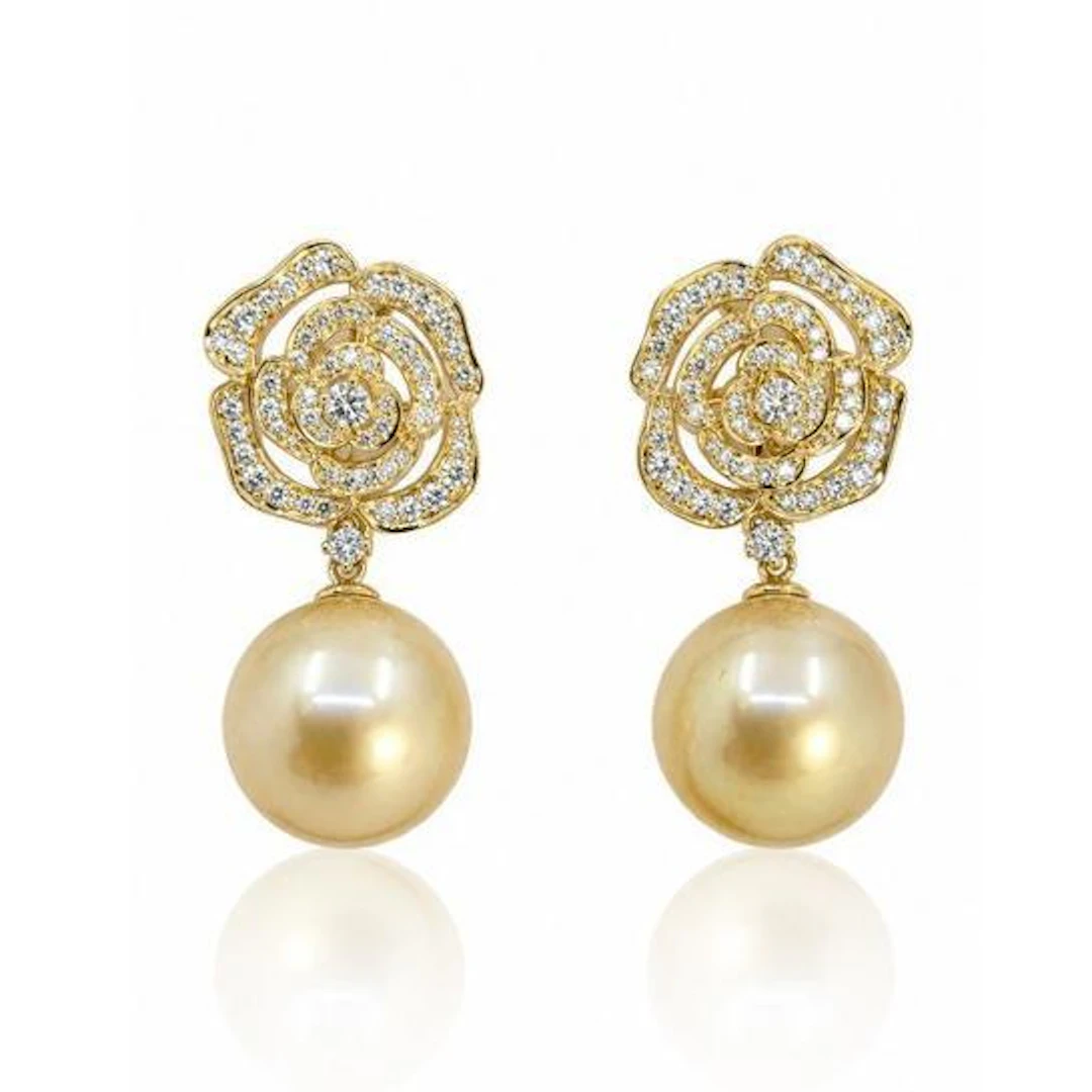 Deep Golden South Sea Pearl and Diamond Rose Earrings