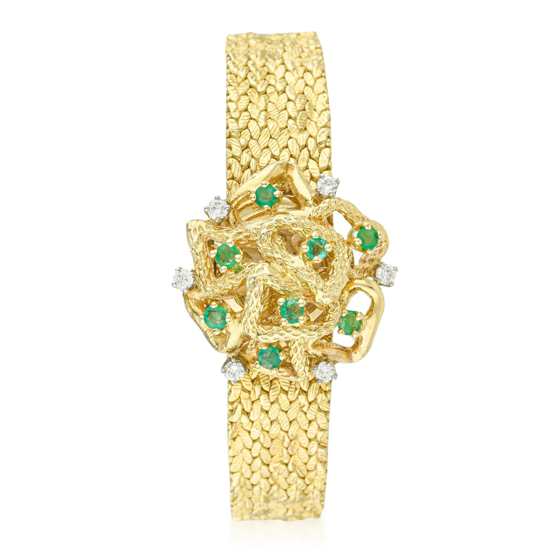 Vintage Geneva Emerald and Diamond Ladies' Wristwatch in 14K Gold