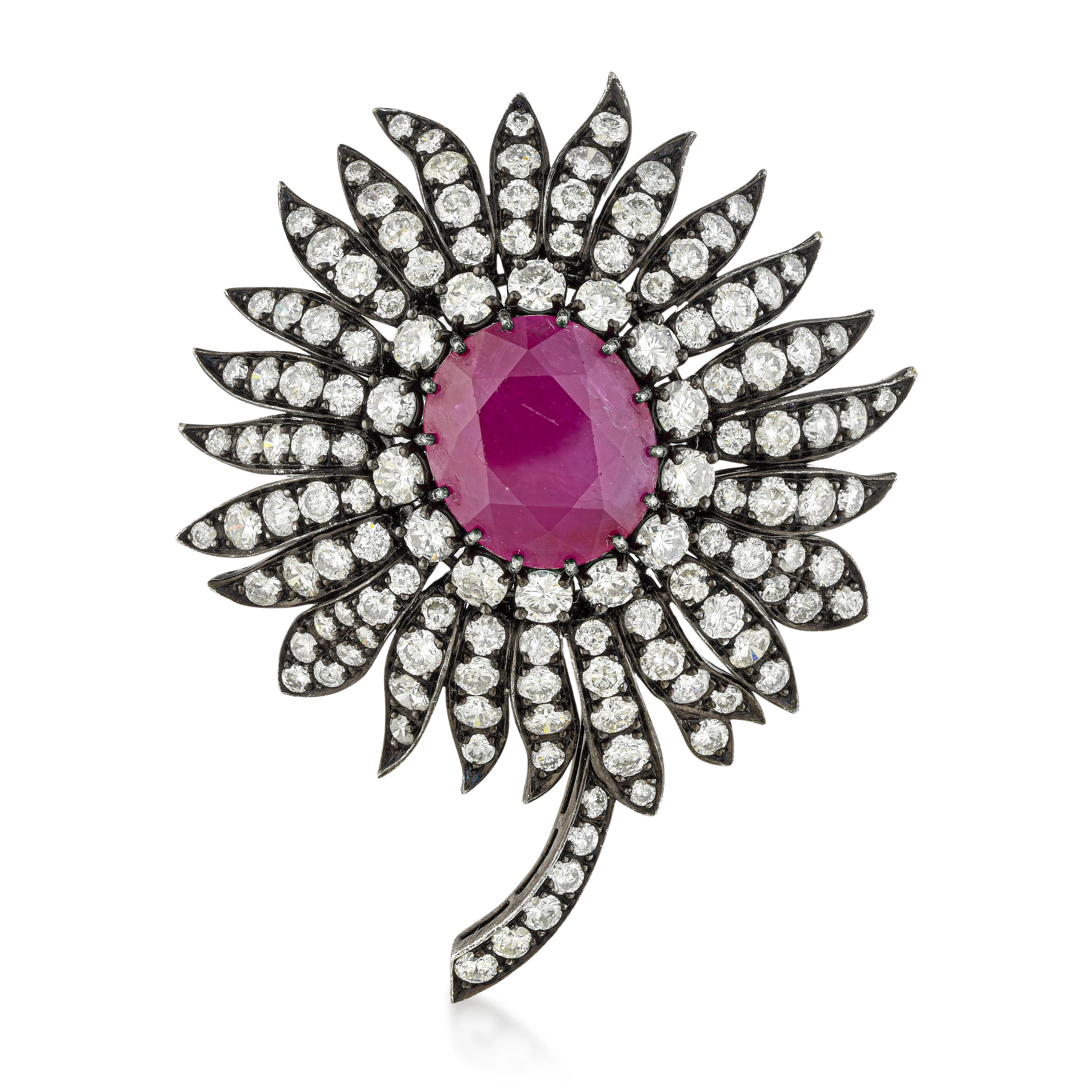Ruby and Diamond Convertible Flower Pin