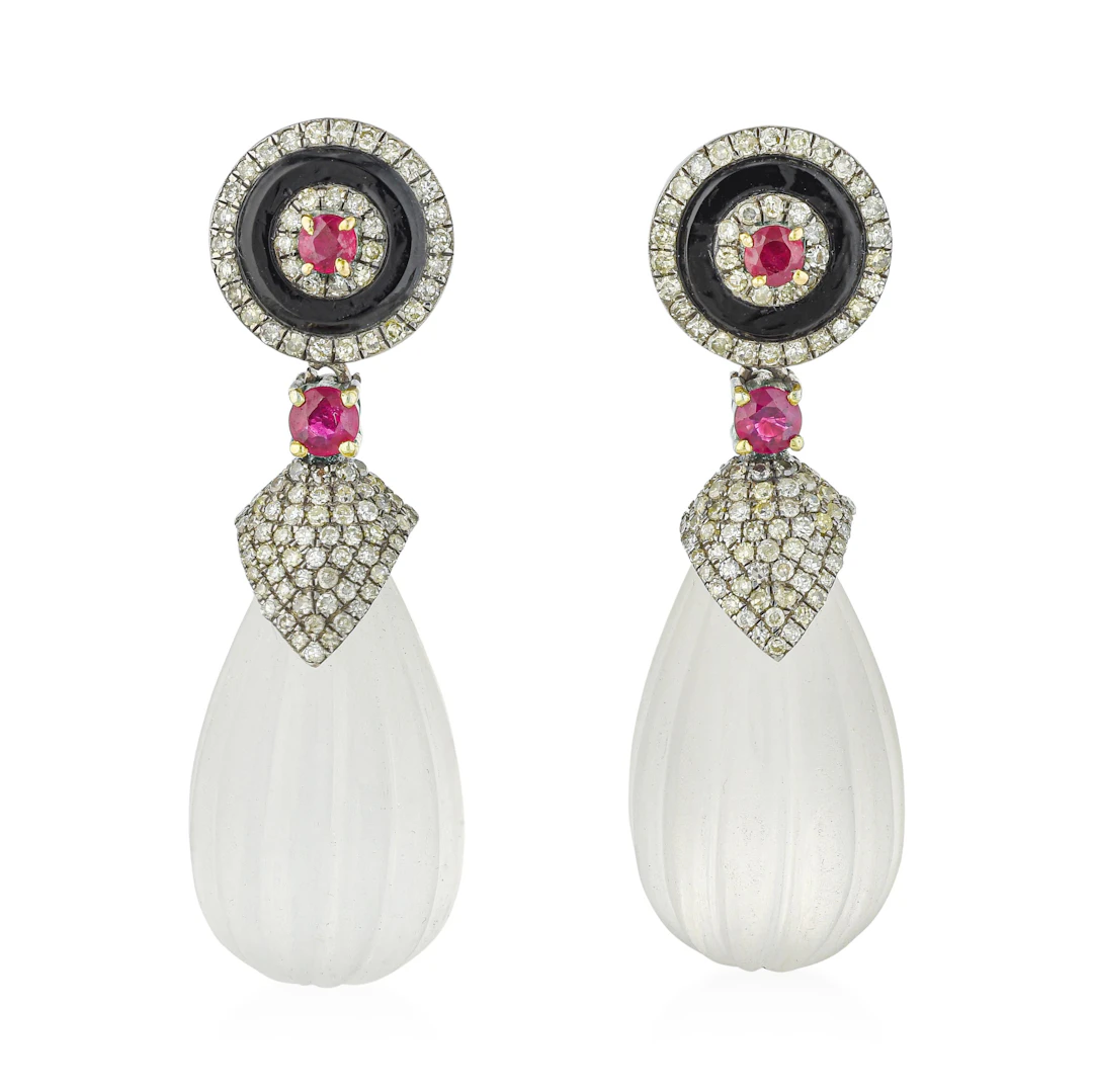 Art Deco Style Frosted Rock Crystal Ruby and Black Onyx Earrings