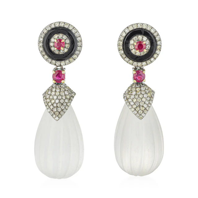 Art Deco Style Frosted Rock Crystal Ruby and Black Onyx Earrings