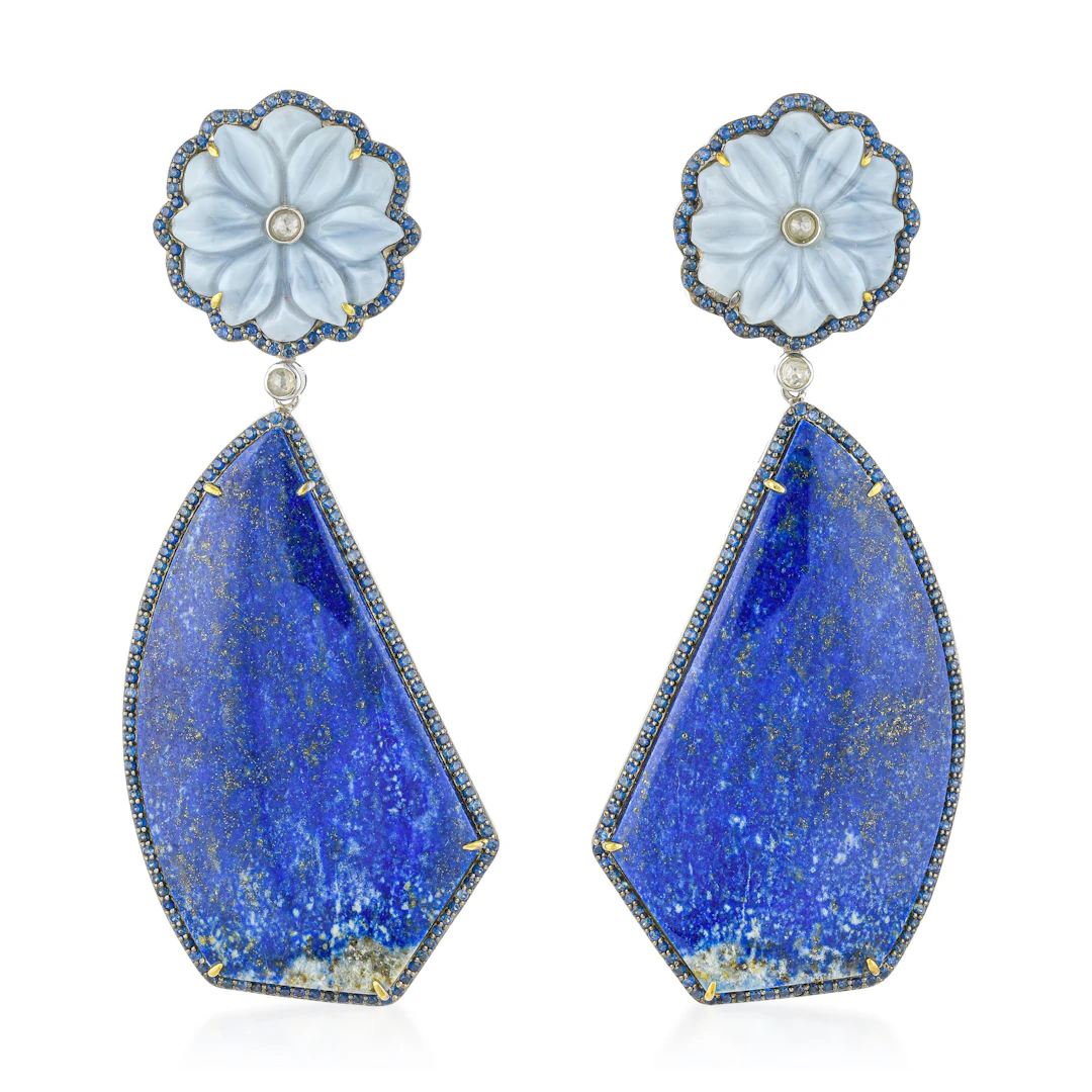 Hand Carved Lapis Lazuli and Peruvian Blue Opal Sapphire and Diamond Earrings