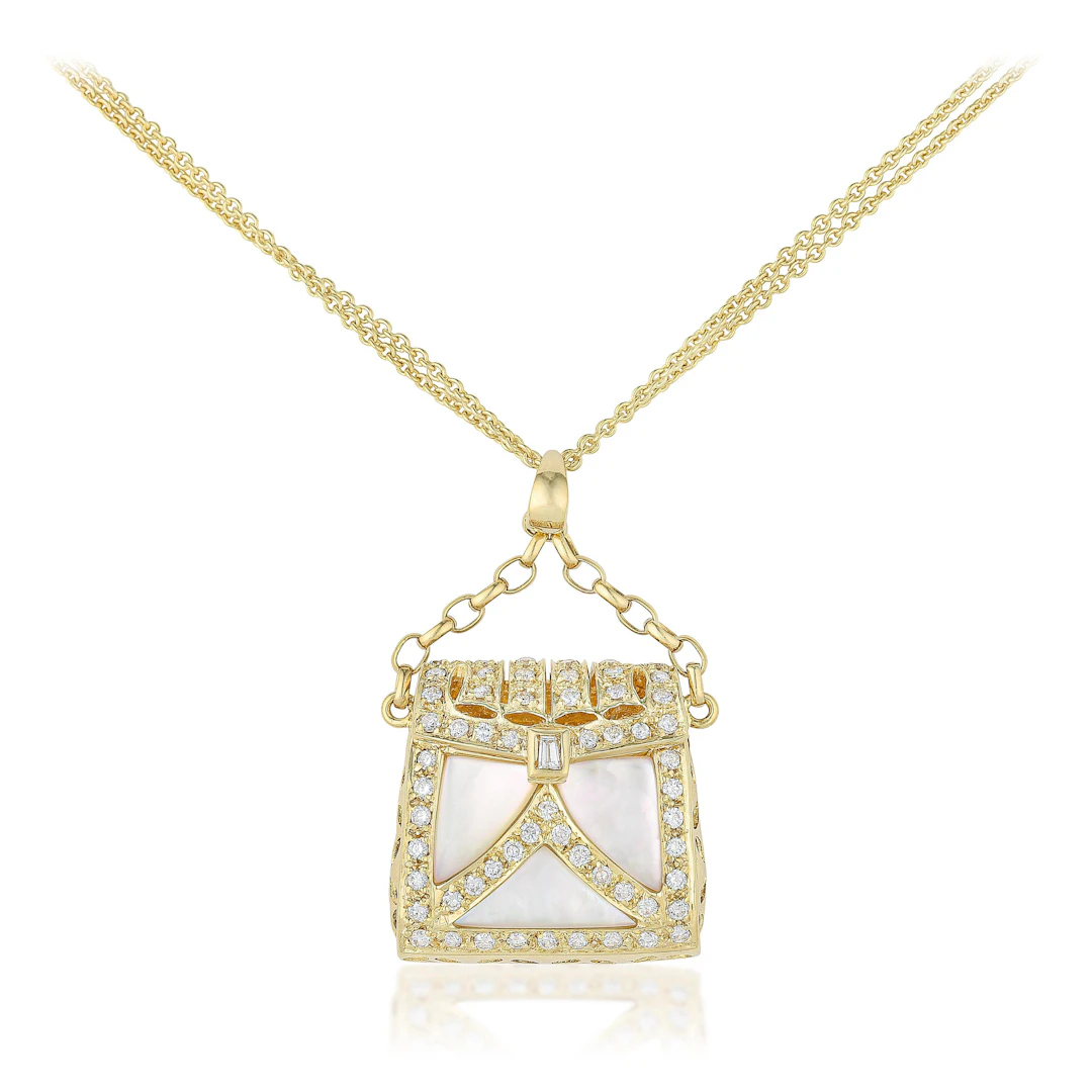 Mother of Pearl and Diamond Purse Pendant Necklace
