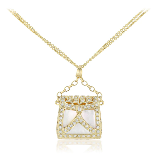 Mother of Pearl and Diamond Purse Pendant Necklace