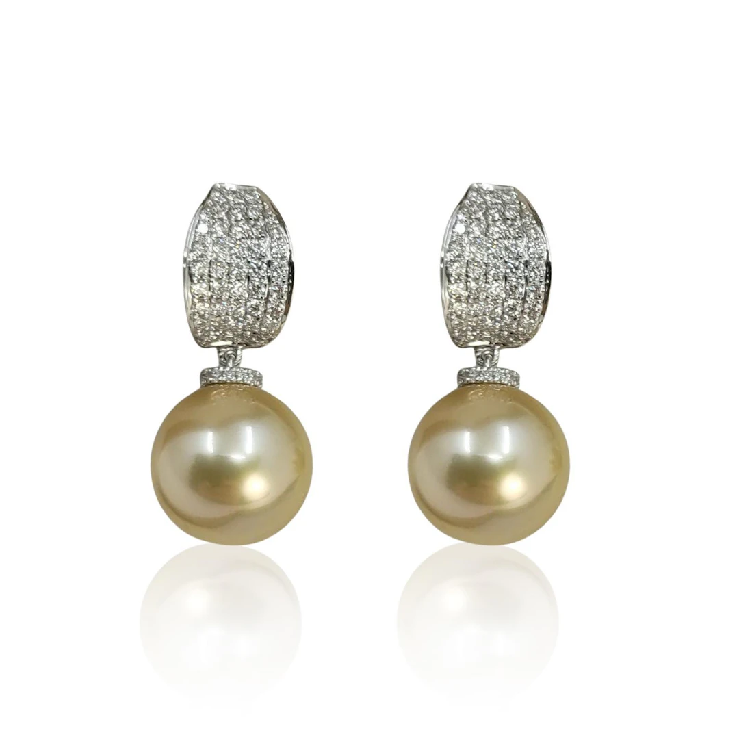 Deep Golden South Sea Pearl and Diamond Earrings