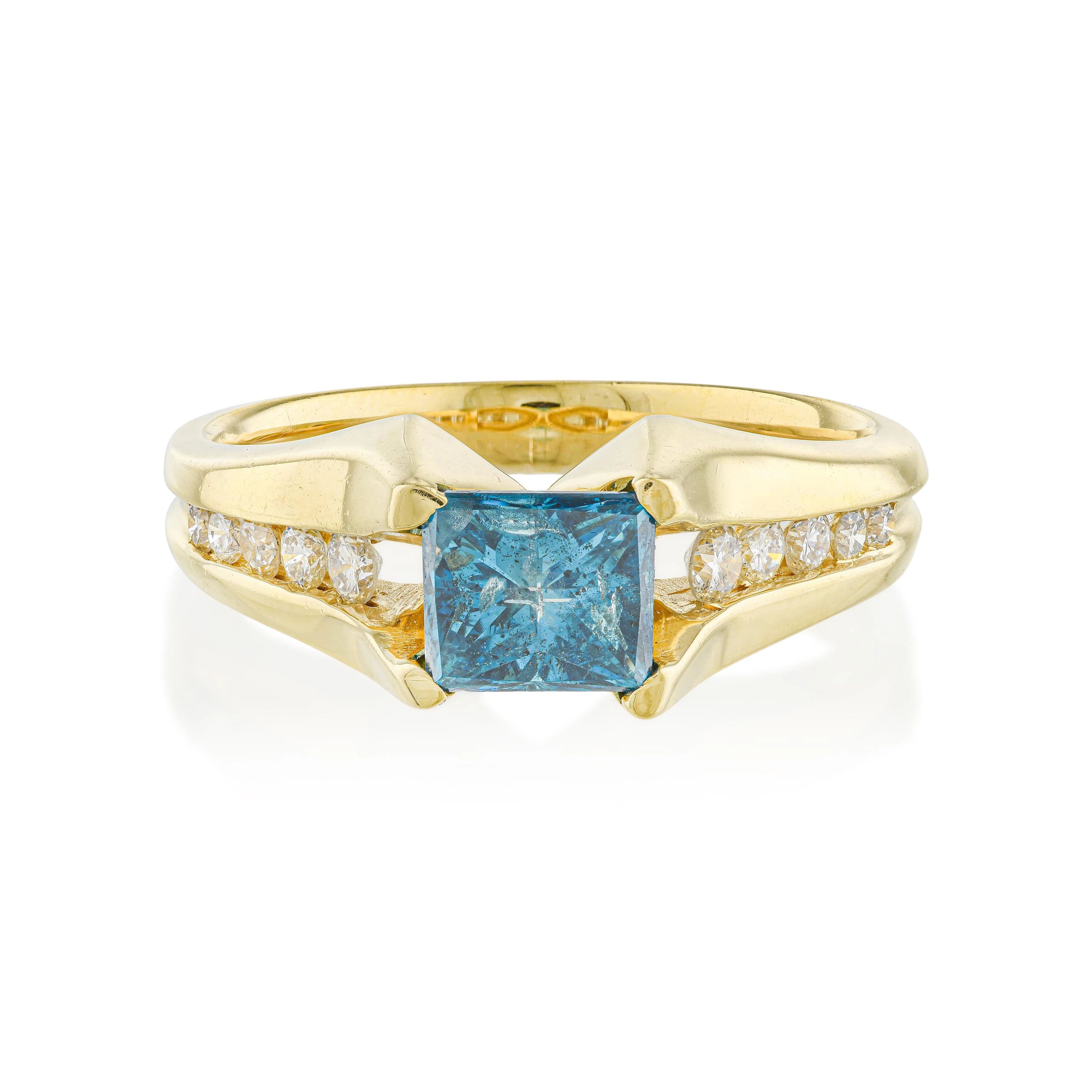 Blue-Green Treated Diamond and White Diamond Ring