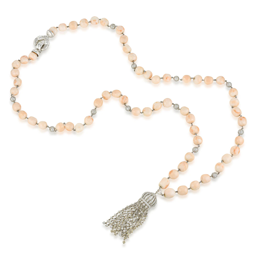 Coral and Diamond Lariat Necklace