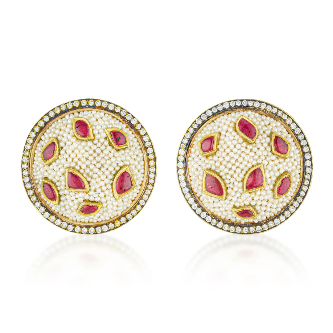 Seed Pearl Ruby and Diamond Earrings - No Reserve Lot