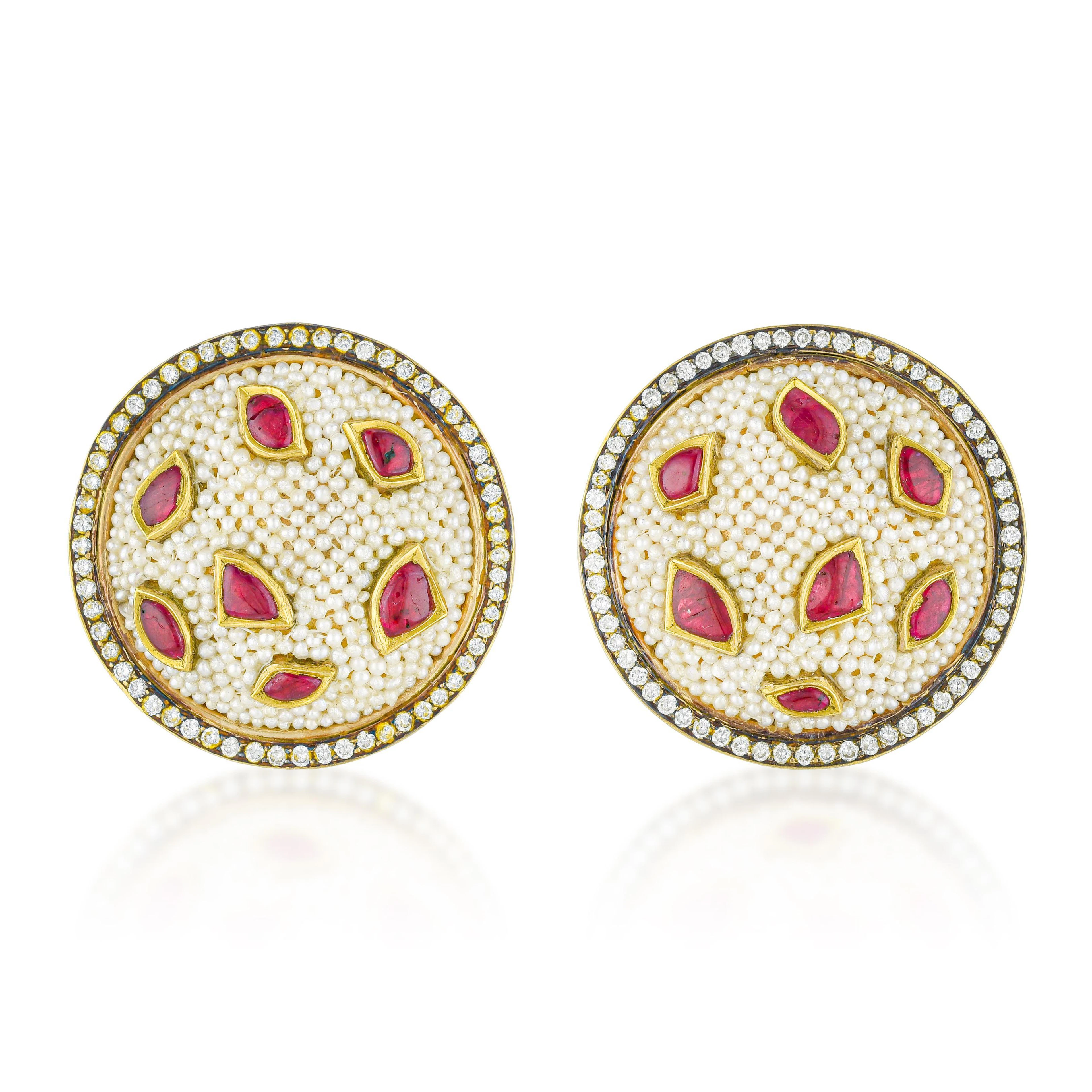 Seed Pearl Ruby and Diamond Earrings - No Reserve Lot