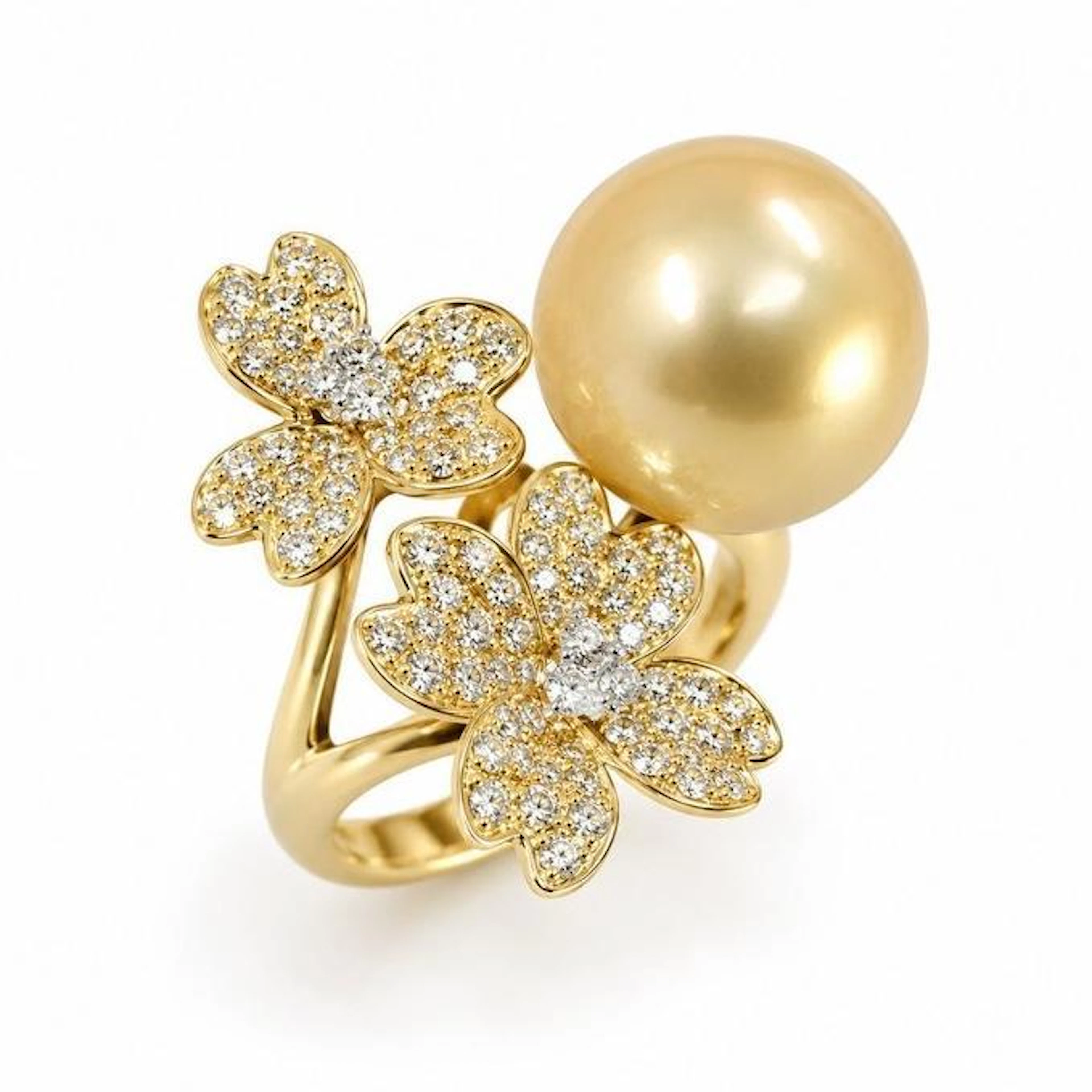 Deep Golden South Sea Pearl and Diamond Flower Ring