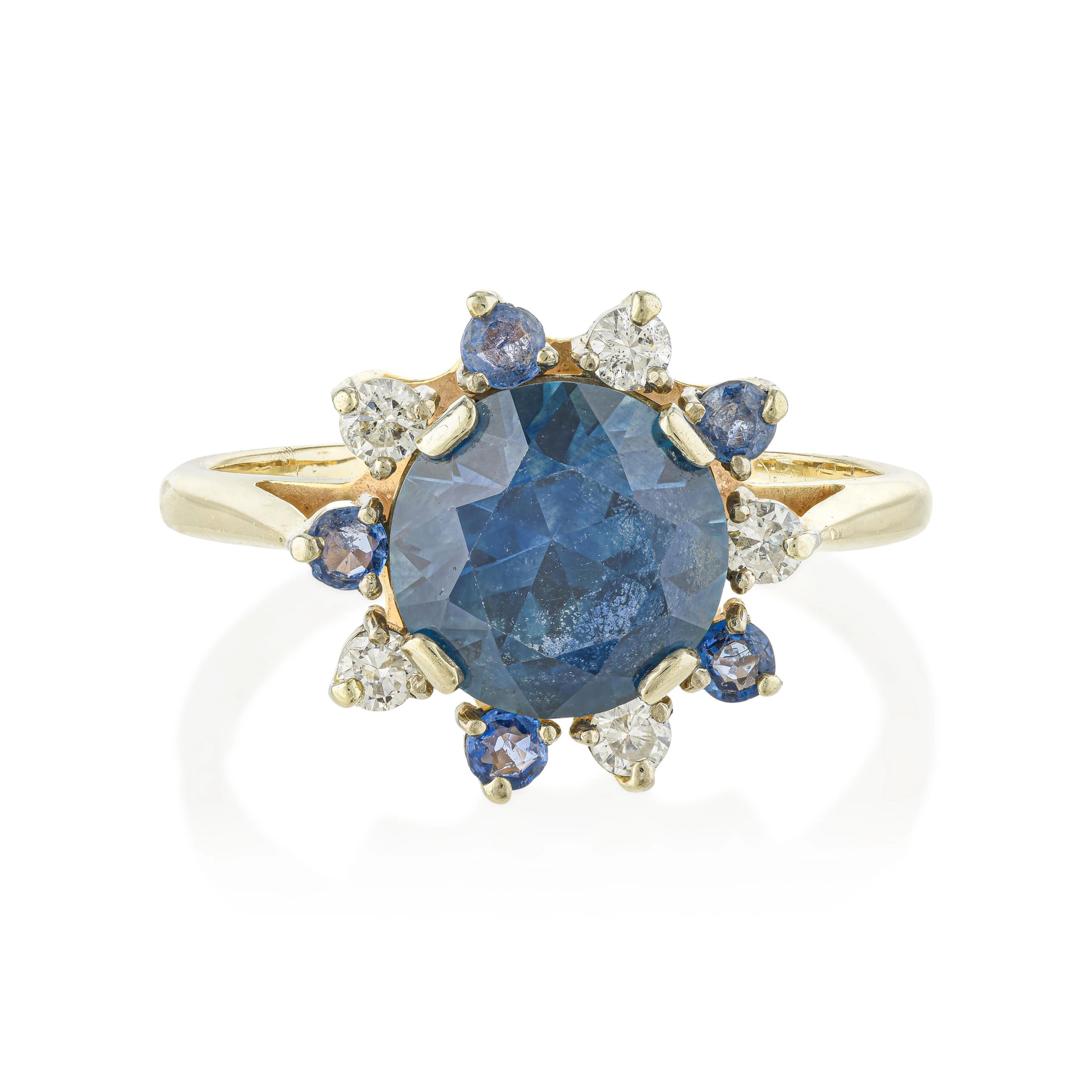 Blue Sapphire and Diamond Halo Ring