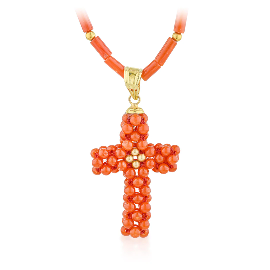 Coral Cross Pendant Necklace
