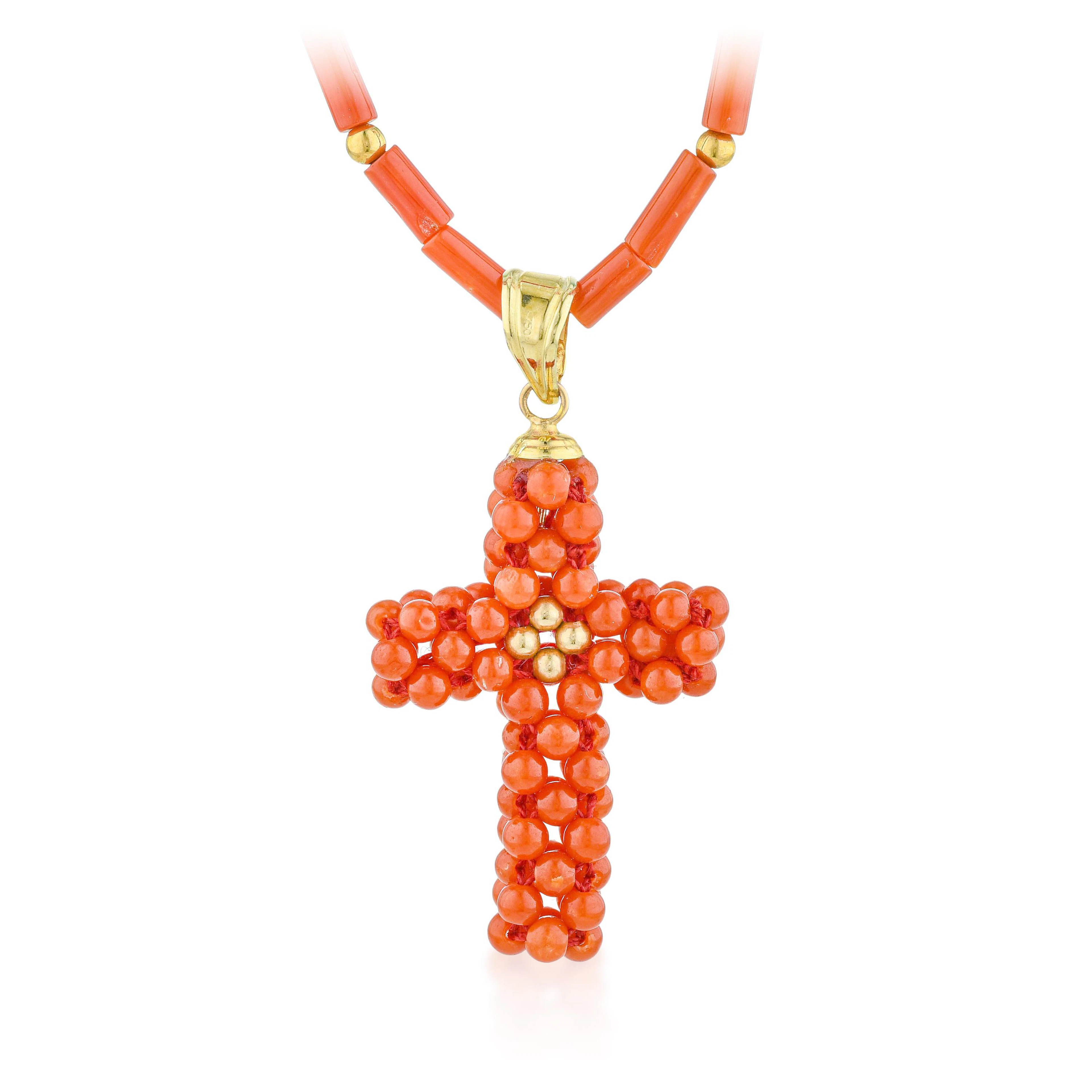 Coral Cross Pendant Necklace