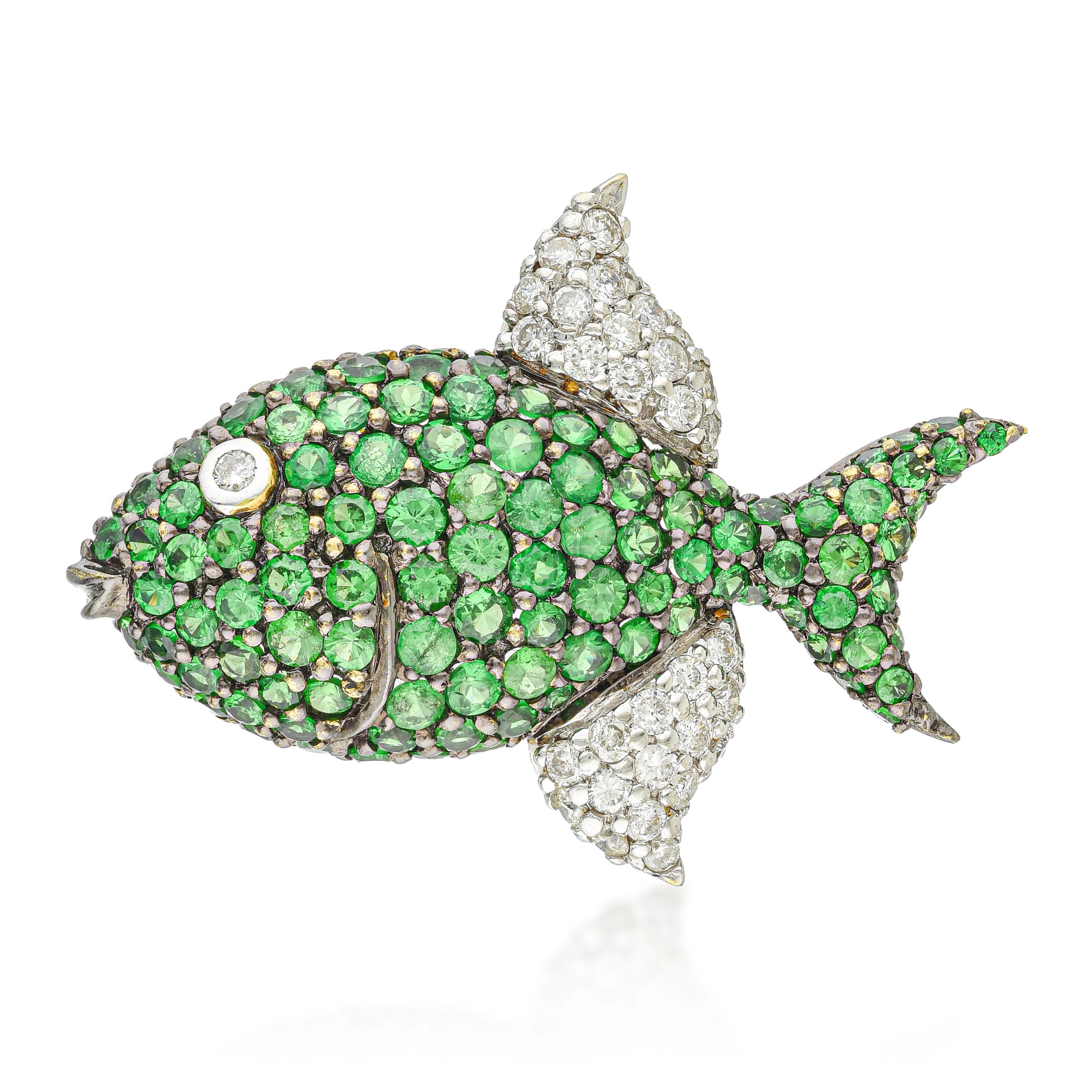 Tsavorite and Diamond Fish Pin