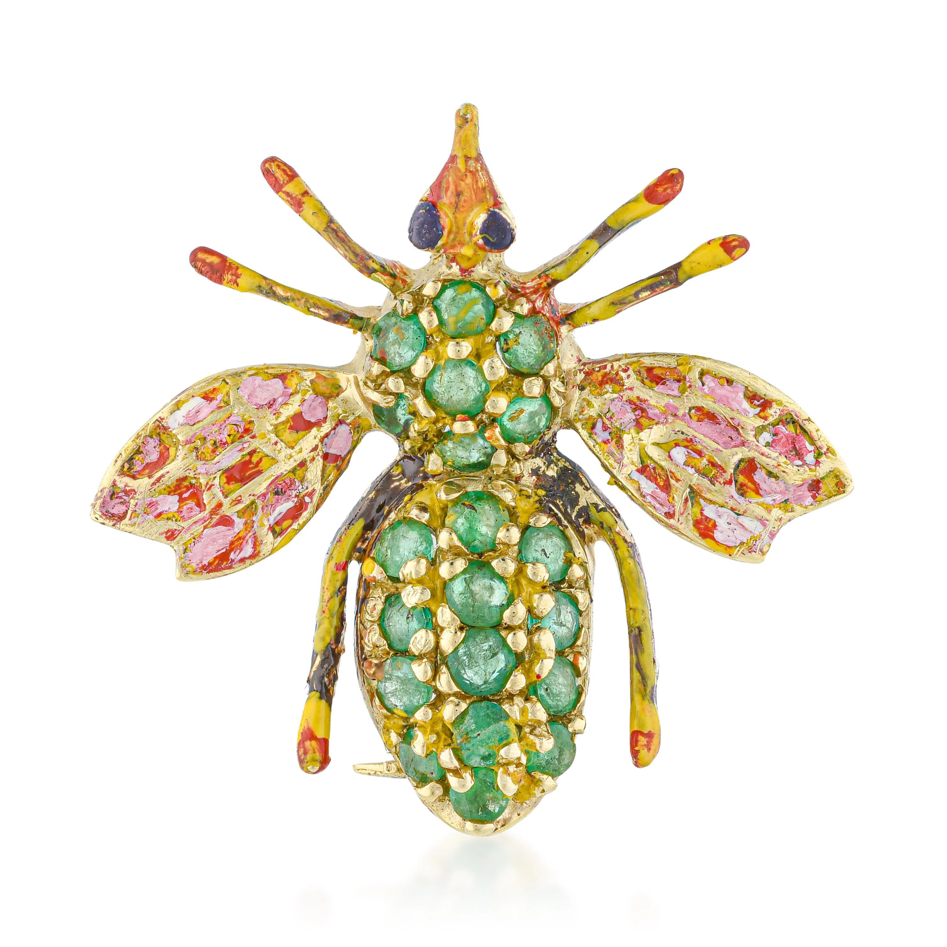 Vintage Enamel and Emerald Insect Pin