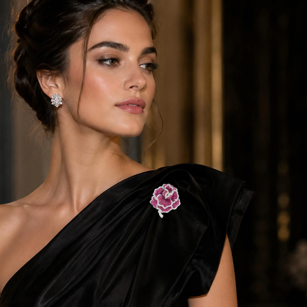 Burma Ruby Invisible-Set and Diamond Flower Pin