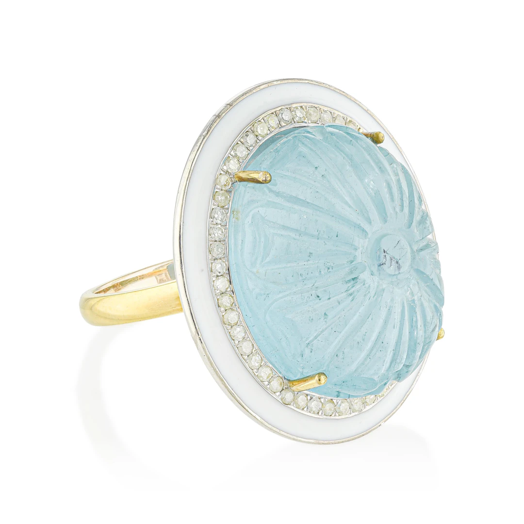 Hand Carved Aquamarine Diamond and Enamel Ring
