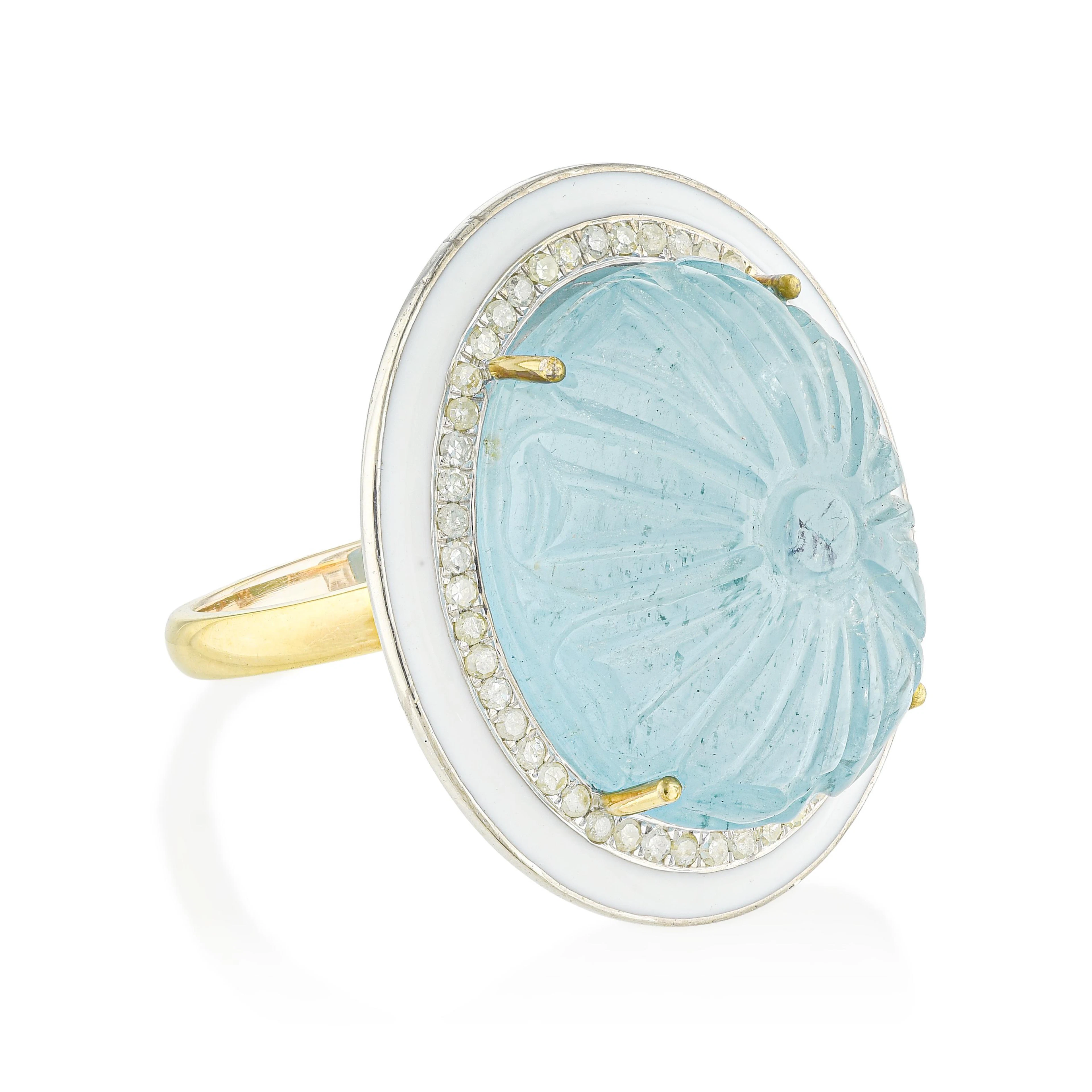 Hand Carved Aquamarine Diamond and Enamel Ring