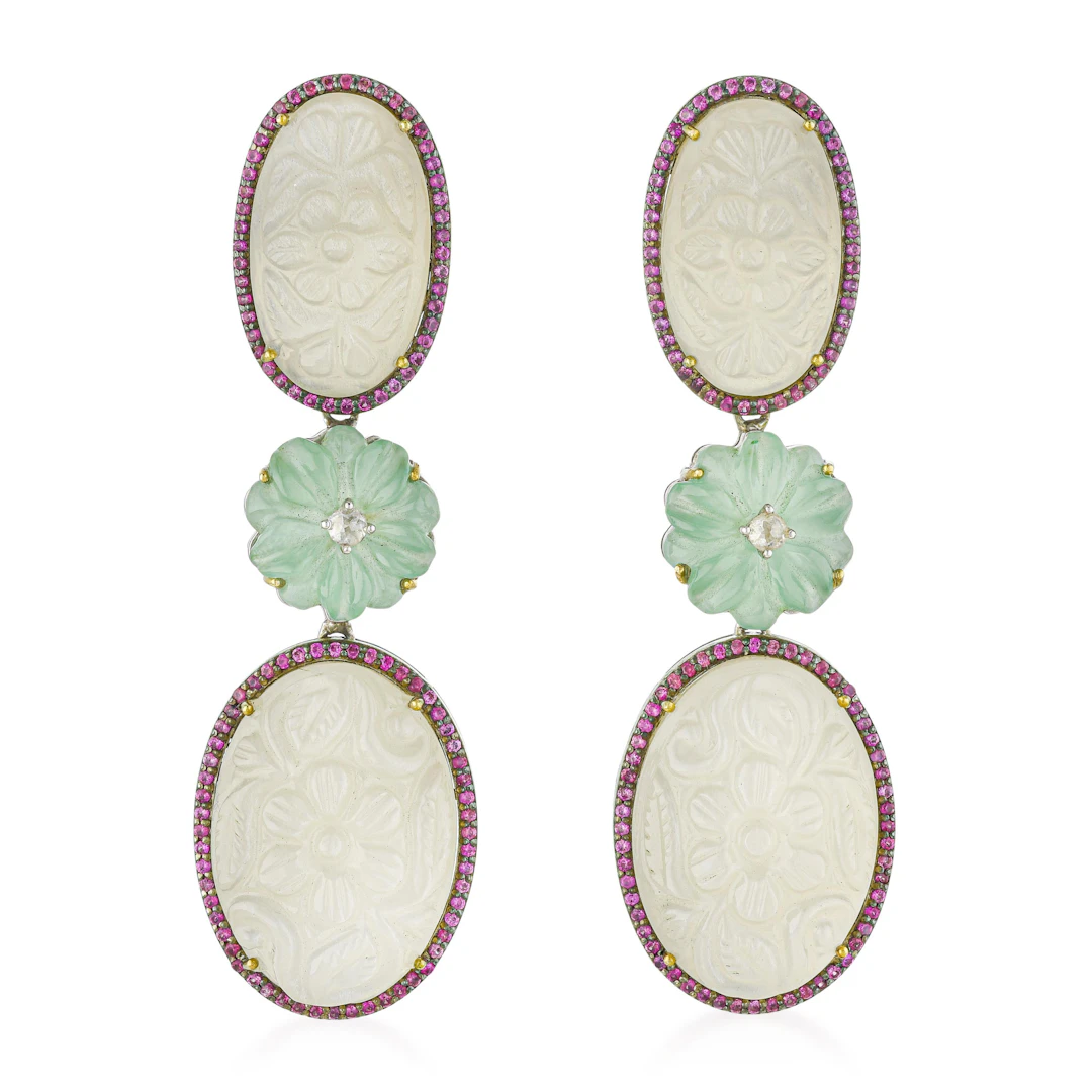 Hand Carved Moonstone and Green Prehnite Flower Sapphire and Diamond Earrings