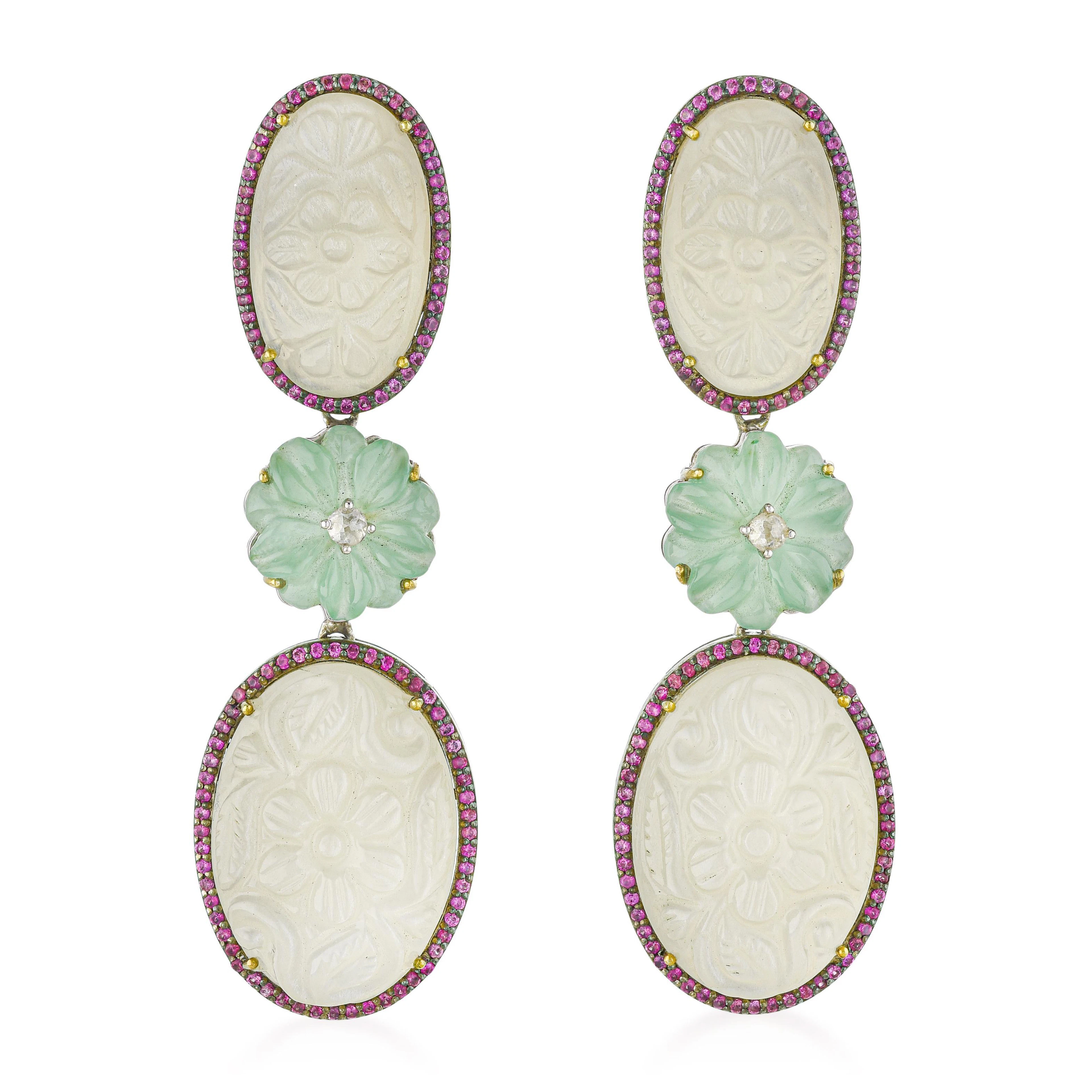 Hand Carved Moonstone and Green Prehnite Flower Sapphire and Diamond Earrings