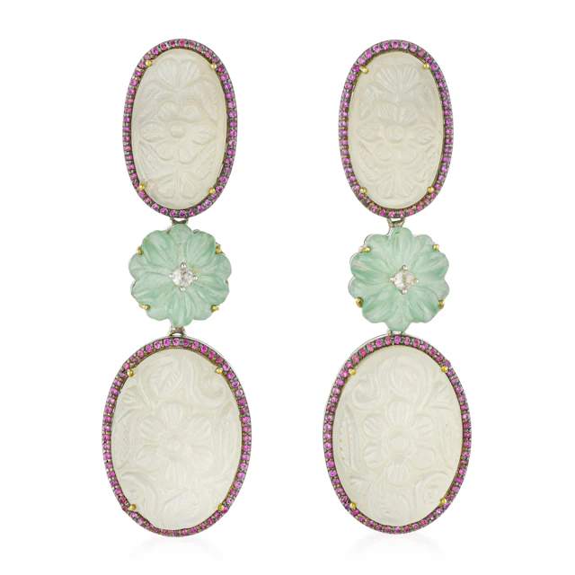 Hand Carved Moonstone and Green Prehnite Flower Sapphire and Diamond Earrings